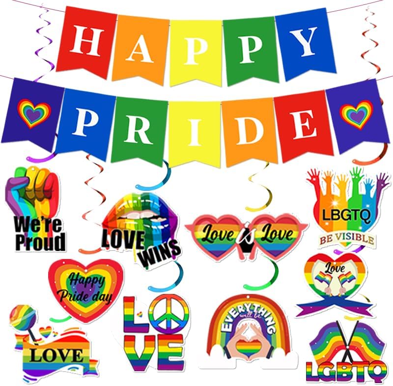 Gay Pride Day Supplies-Love is Love Hanging Swirls Decoration,Happy Pride Day Banner for LGBTQ Month Ceiling Decoration