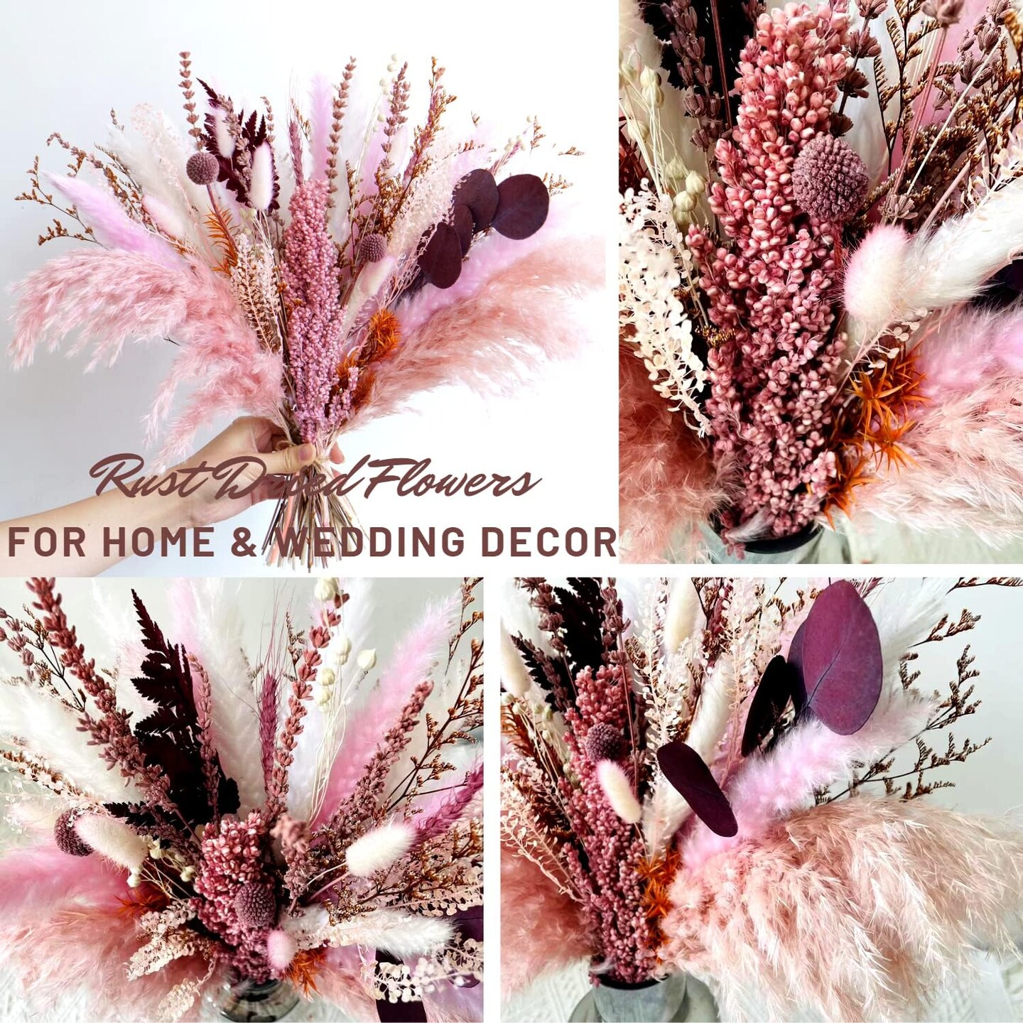 Natural Dried Pampas Grass Bouquet |17 Inch Blush Pink Pampas Grass Fall Pompas Eucalyptus Bundle Florals Decor Preserved Plants Flower Arrangement for Home Wedding