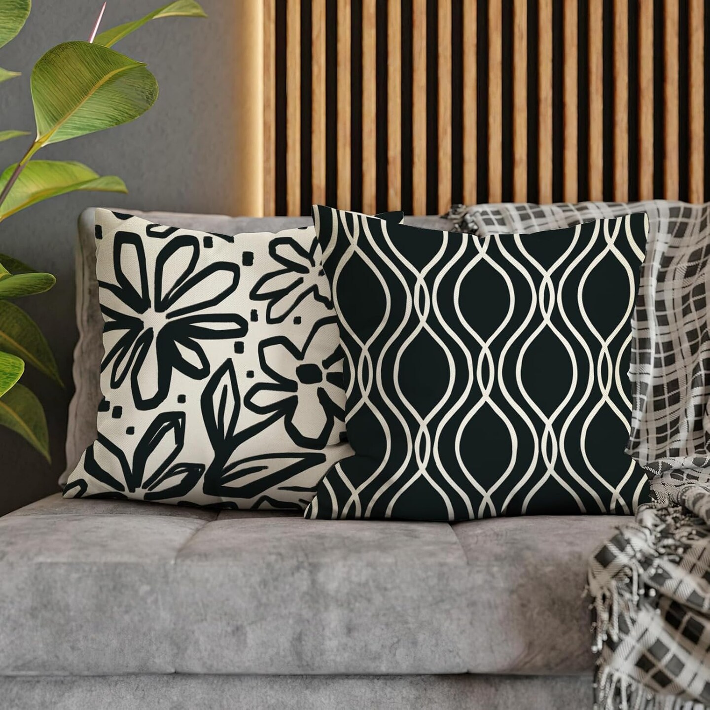 Decorative Throw Pillow Covers 18x18 Set of 4, Inspirational Black White Geometric Outdoor Pillowcase, Modern Abstract Flower Couch Cushion Case Home Decor