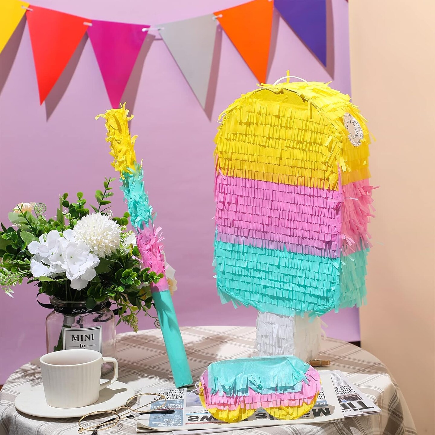 Ice Cream Pinata Includes Stick Blindfold Confetti Ice Cream Pinata Summer Theme Pinata Ice Cream Party Supplies for Kids Summer Birthday Party Decor, 16.1 x 7.9 x 3.2 Inches