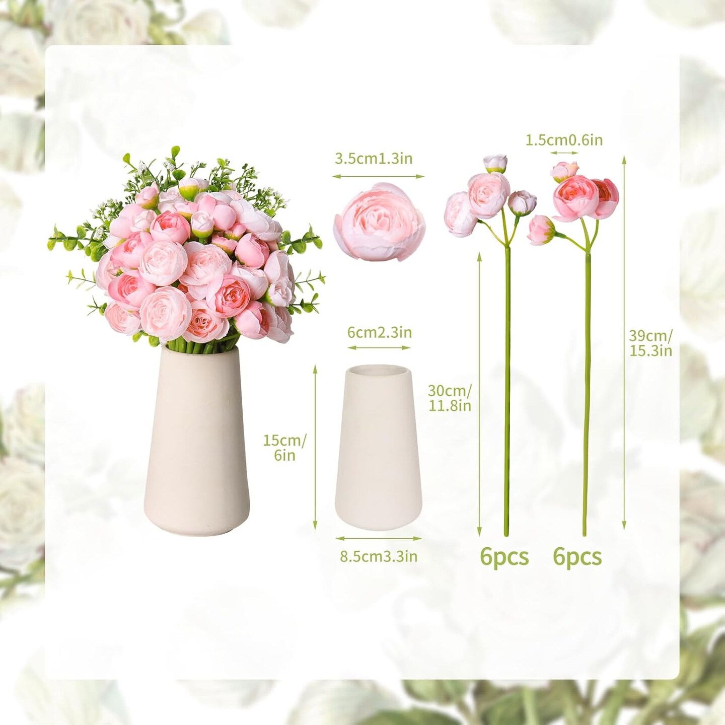 12 Bundles Summer Floral Arrangement &#x2013; Silk Ranunculus Flowers, Fake Baby Breath and Eucalyptus for Wedding, Home, Office Decor (Mixed Pink)