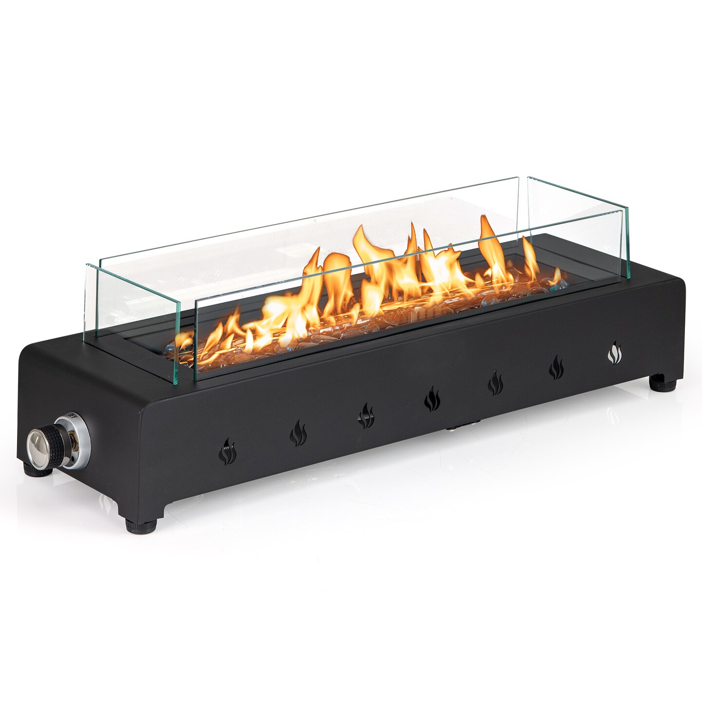 Black Metal Tabletop Fire Pit with Glass Rocks, 40,000 BTU and Adjustable Flame