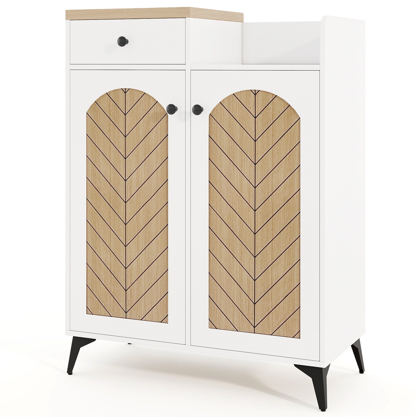 White Wooden 2-Door Shoe Rack Cabinet with 6 Removable Shelves and Side Drawer