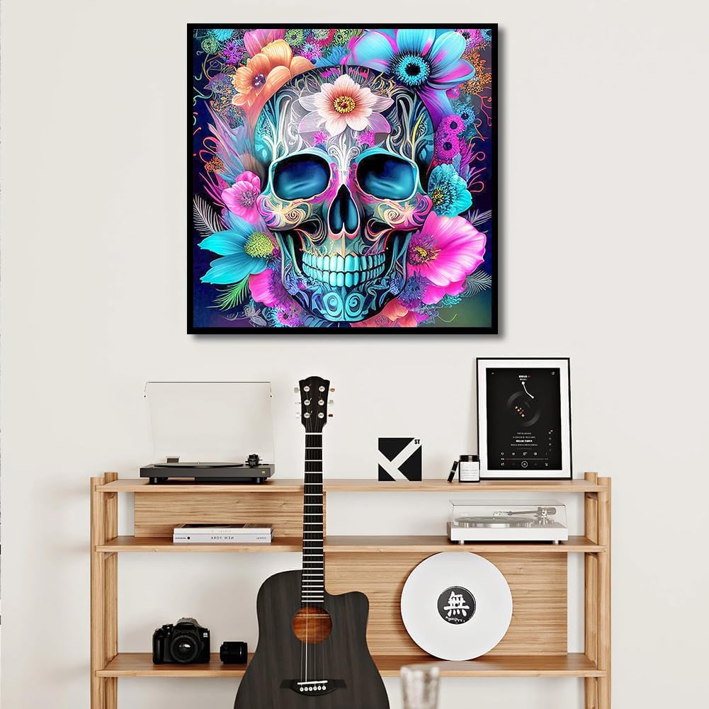 Skull Flower Diamond Painting Kits for Adults, Sugar Skull Diamond Art Kit Beginners DIY 5D Full Drill Round Skeleton Diamond Painting Gem Art for Home Wall Decor Gift 13.78 X 13.78 Inch