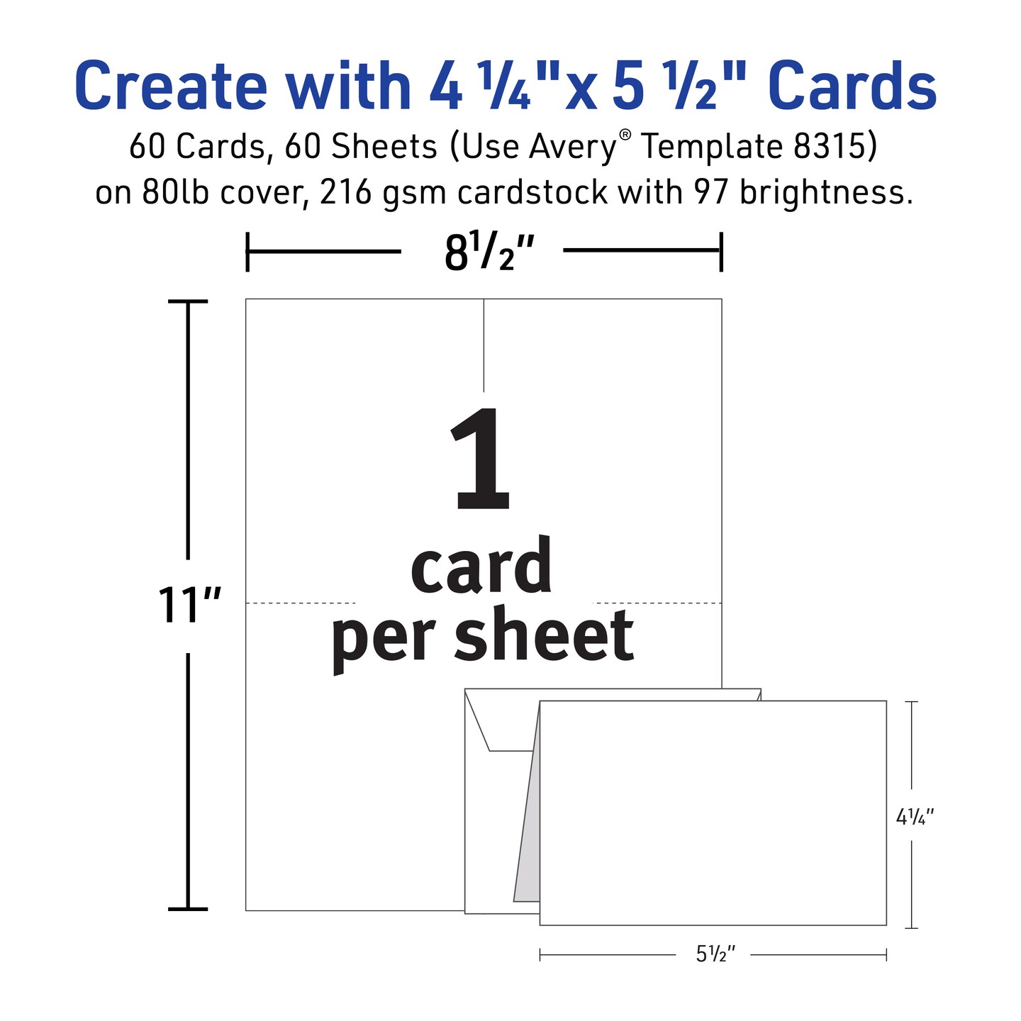 Avery Printable Note Cards with Envelopes, 4.25" x 5.5", Matte White, Inkjet Printer Compatible, 60 Blank Cards Total (8315)