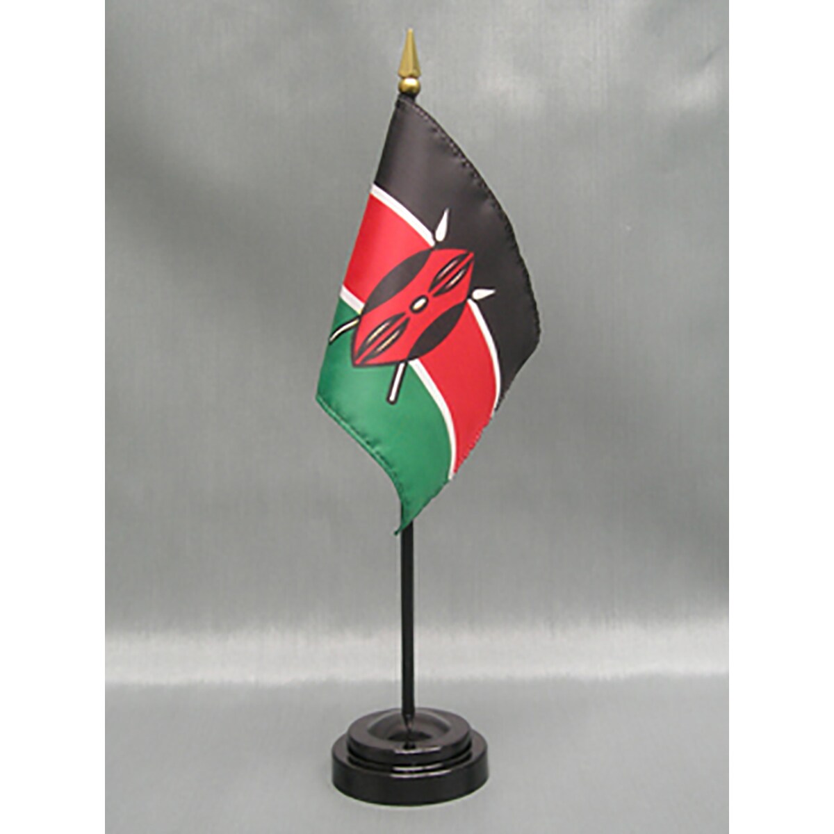 Kenya Desk Flag with Base; American Made Rayon 4x6 inch Miniature Table Set Includes One Small Mini Country Stick Flags and One Black Stand