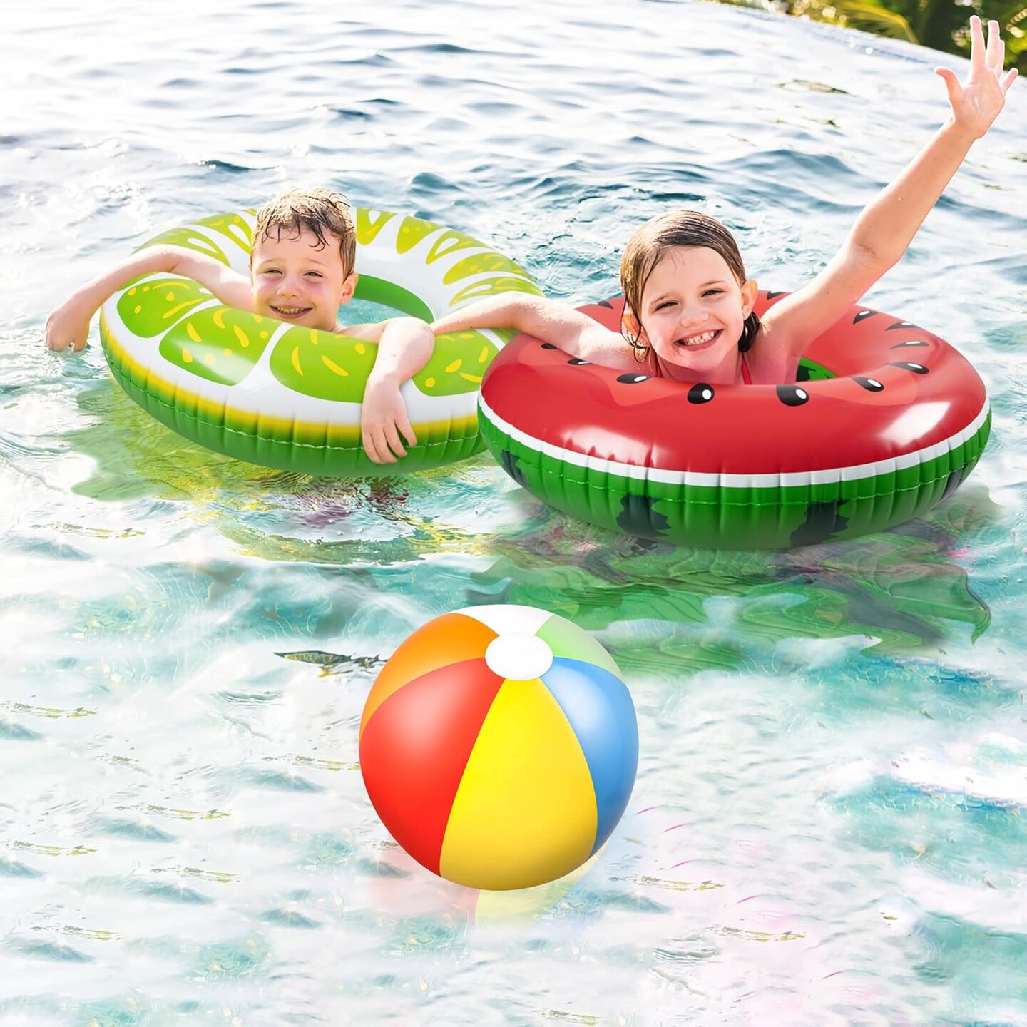 7PCS Fruit Pool Floats: Watermelon Kiwi Orange Lemon Swimming Rings