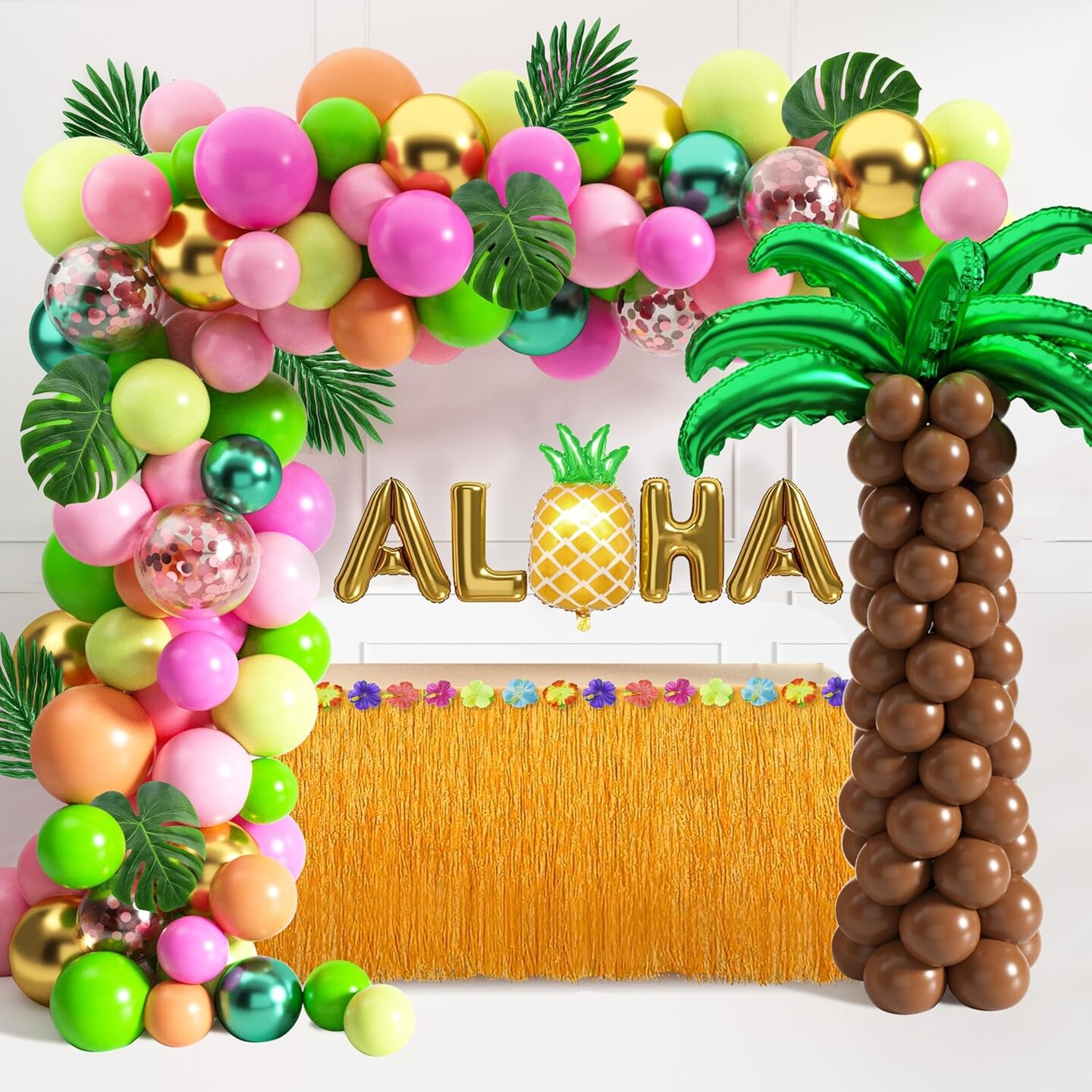 Tropical Luau Balloons Arch Garland Kit With Palm Leaves, Flamingo, Palm Tree, Aloha Foil Balloon, Coconut Balloons Set (Aloha-A)