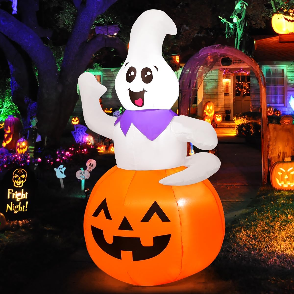 GOOSH 5 FT Halloween Inflatable Outdoor Ghost Sitting on The Pumpkin, Blow Up Yard Decoration