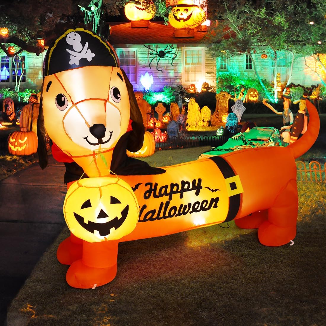 GOOSH 5 FT Halloween Inflatable Outdoor Dog with a Pumpkin &#x26; Pirate Hat