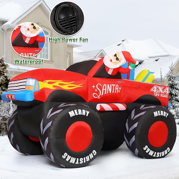 GOOSH 7.5 FT Long Christmas Inflatables Santa Claus Snowman with Presents on Truck with Built-in LEDs