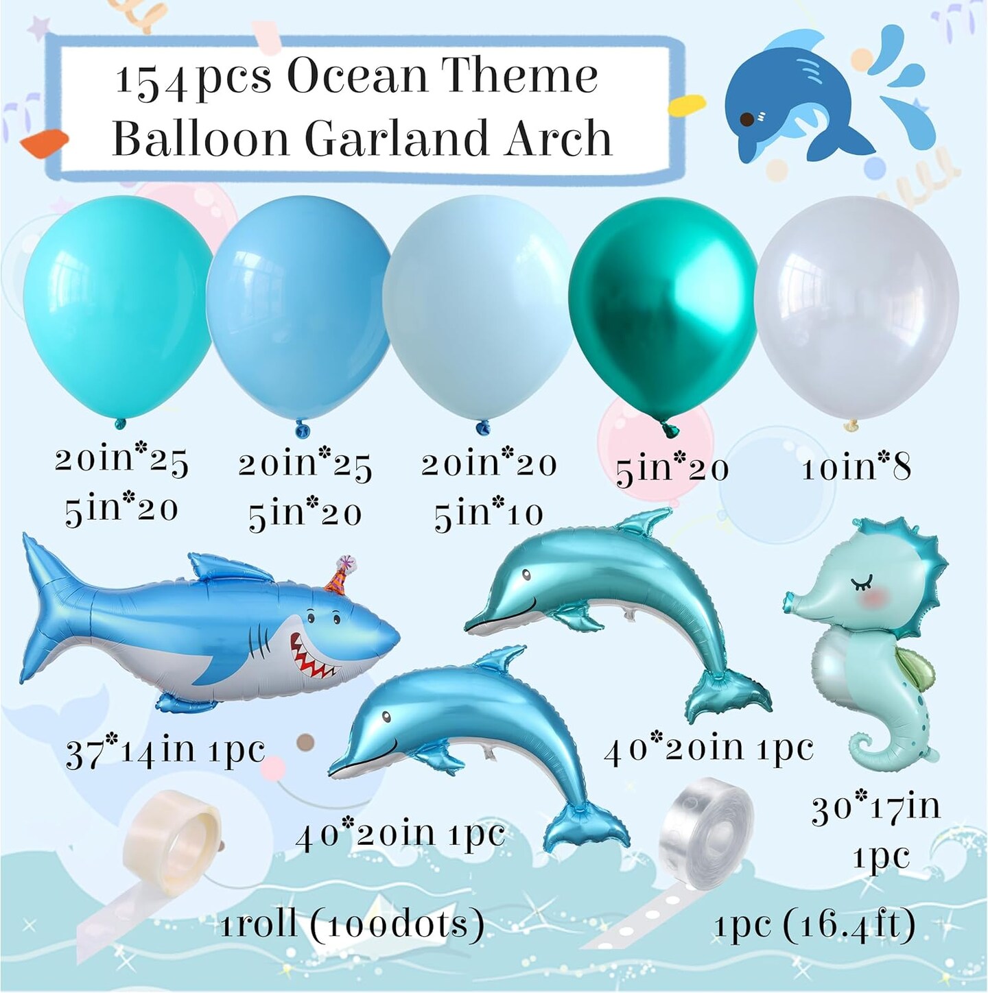 Under the Sea Party Decorations, 154pcs Ocean Blue Balloon Garland Arch Kit (Teal Blue)