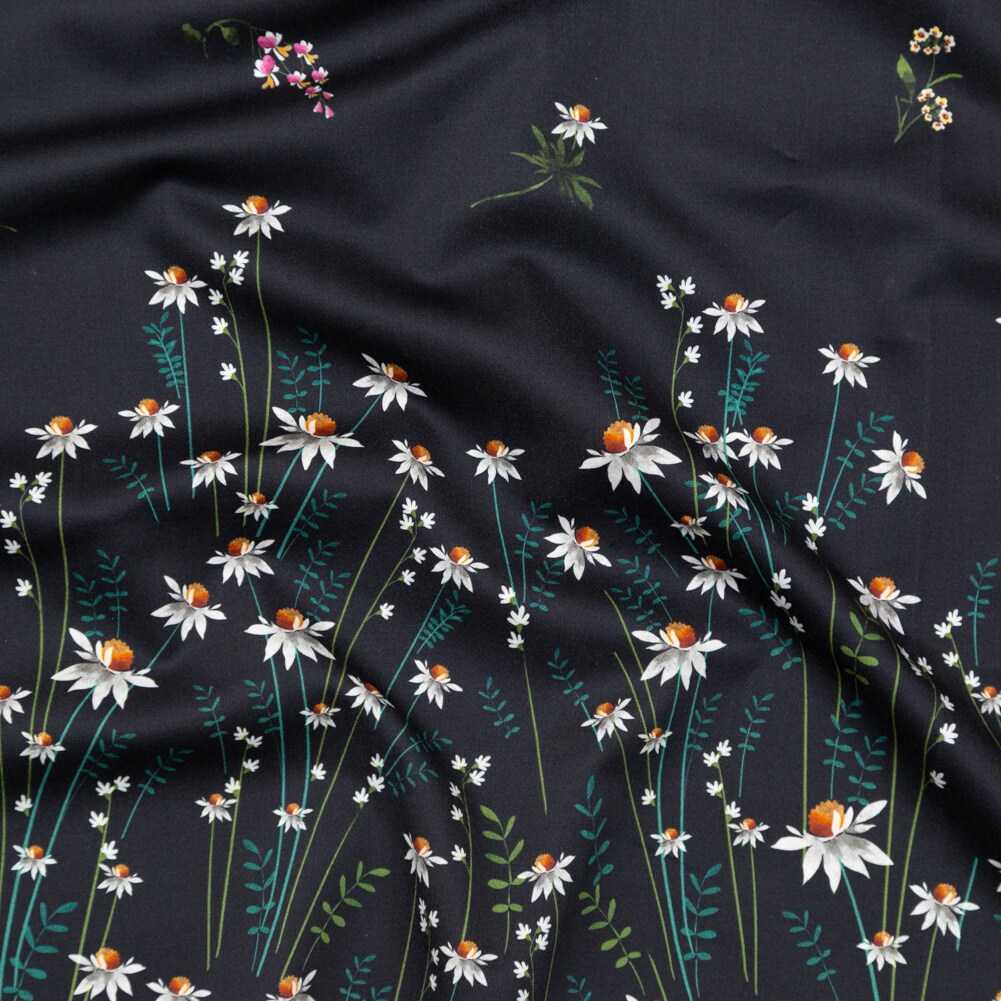 1 Panel Black Beauty Daisy Floral Stretch Cotton Sateen Panel Fabric