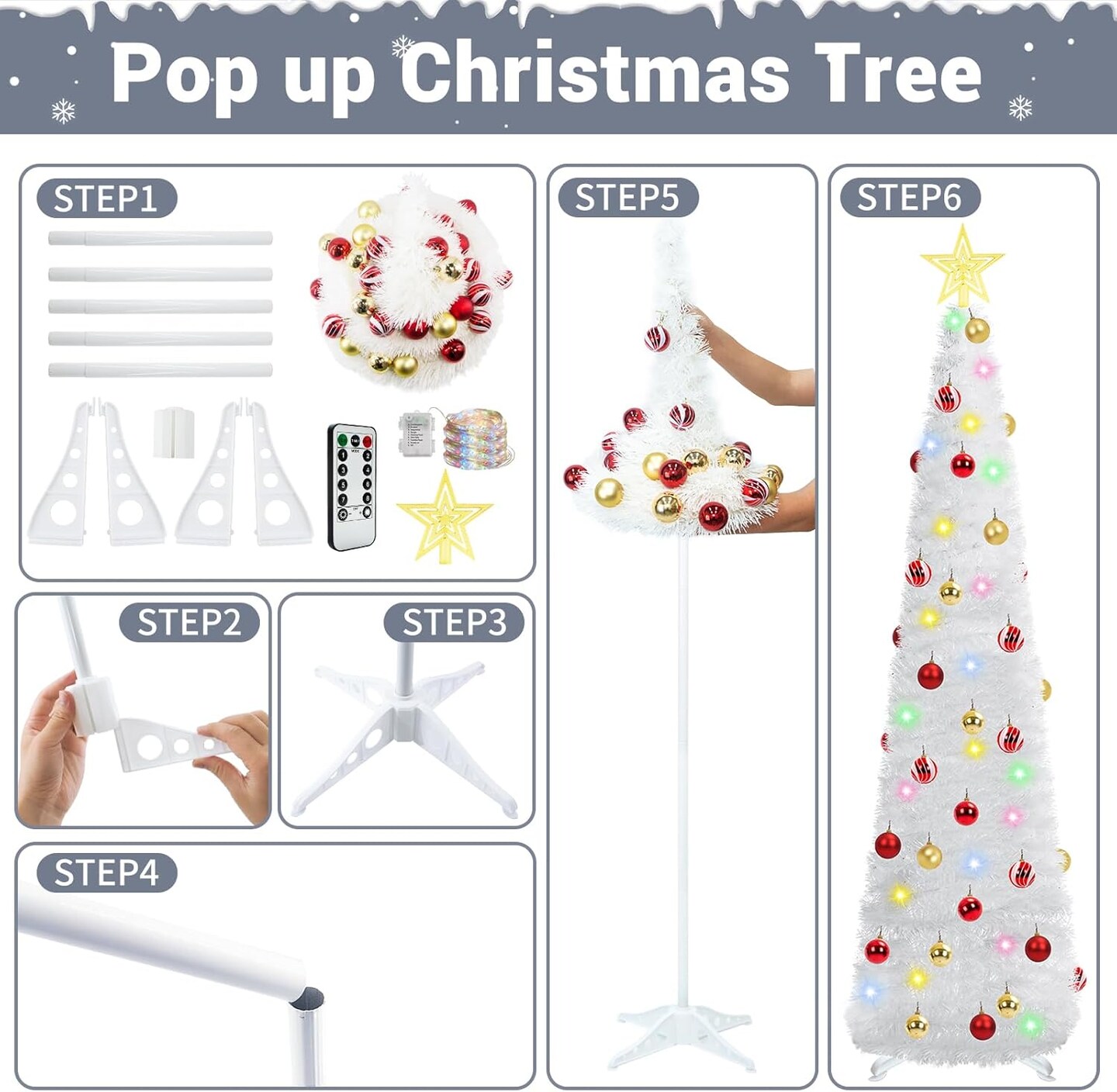 5 Ft Prelit Tinsel Pop Up Christmas Tree with 8 Light(White)16&#x22;D x 16&#x22;W x 65&#x22;H