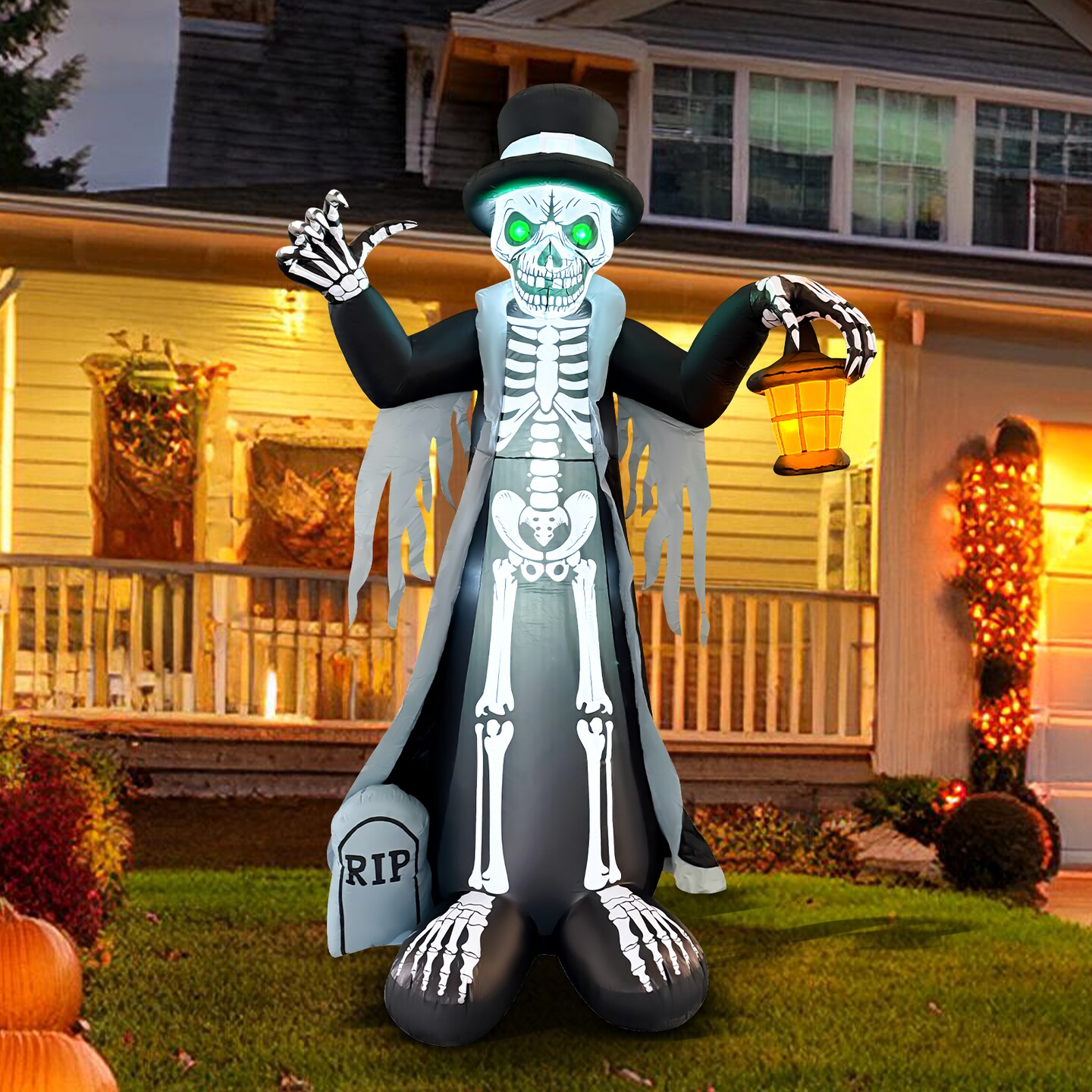 GOOSH 8.2FT Inflatable Skeleton with Top Hat and Lantern – Light-Up Halloween Yard Decoration