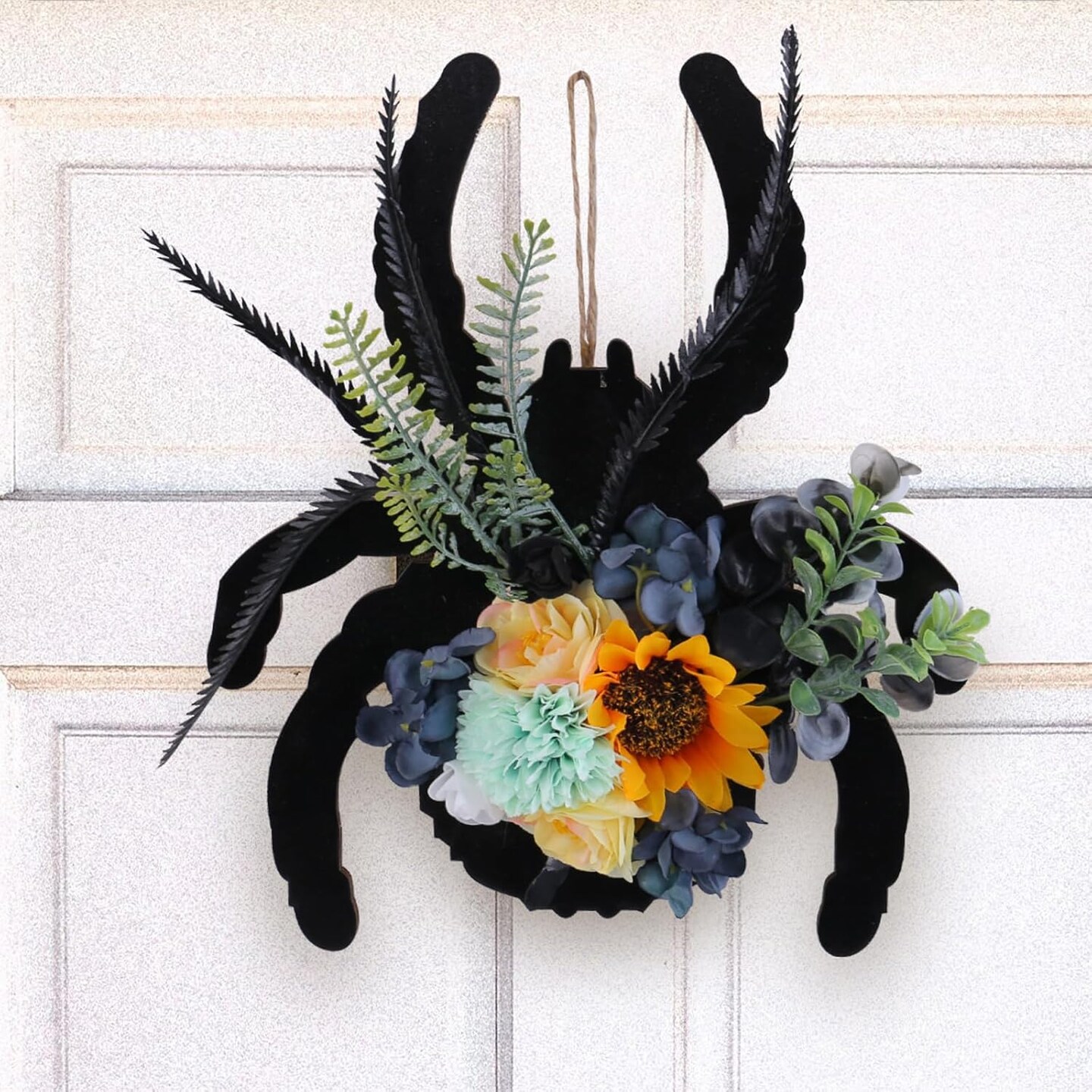 Halloween Spider Wreath with Sunflowers and Black Feathers (Halloween) 2&#x22;D x 9.84&#x22;W x 11.81&#x22;H