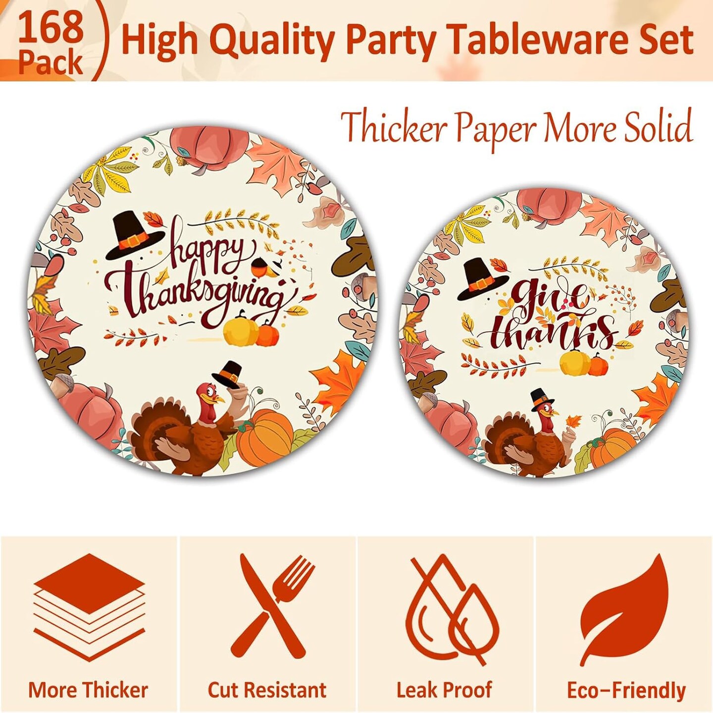 168 PCS Thanksgiving Disposable Tableware Sets - Paper Plates Napkins Cups Cutlery (Give Thanks)