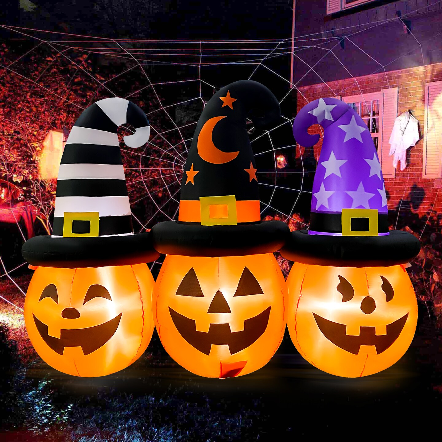 GOOSH 6FT Inflatable Trio of Pumpkins with Witch Hats &#x2013; Light-Up Halloween Yard Decoration