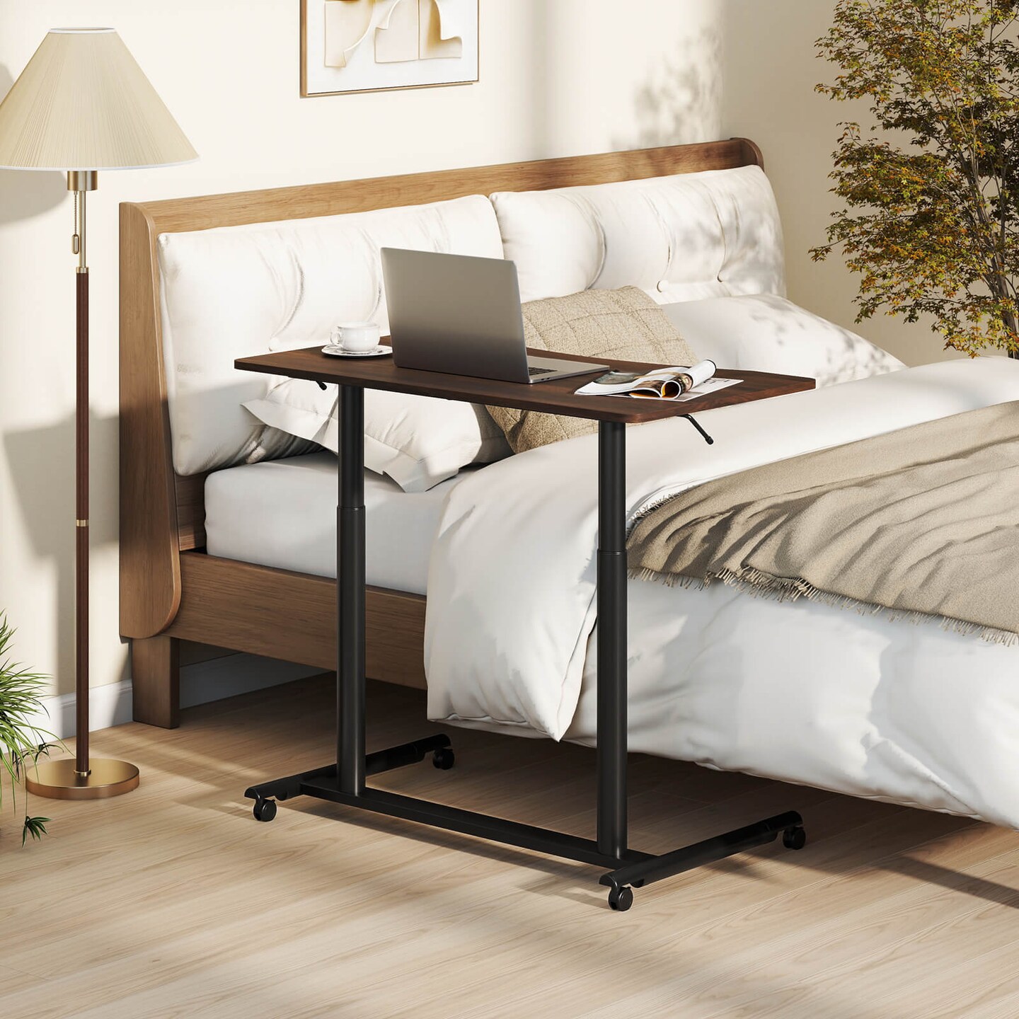 Goplus Height Adjustable Computer Desk Sit Stand Rolling Notebook Table Natural\Brown\Black