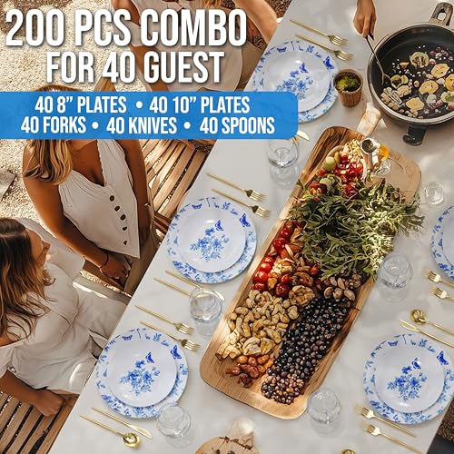 Trendables Fancy Plastic Dinnerware Sets Gold Silverware Disposable 20 X 10 Inch Charger Plates 20 X 8 Inch Dessert Plates 20 x Gold Plastic Forks and Spoons Knives