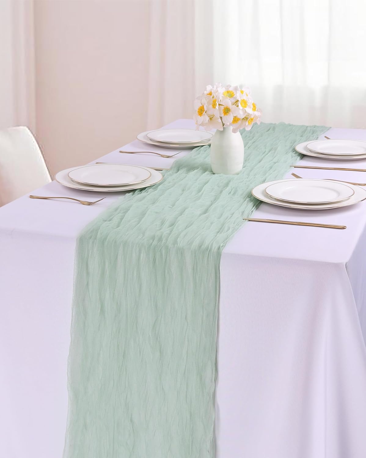 120inch Rustic Boho Tulle 10ft Gauze Sheer Table Runner(Sage Green)