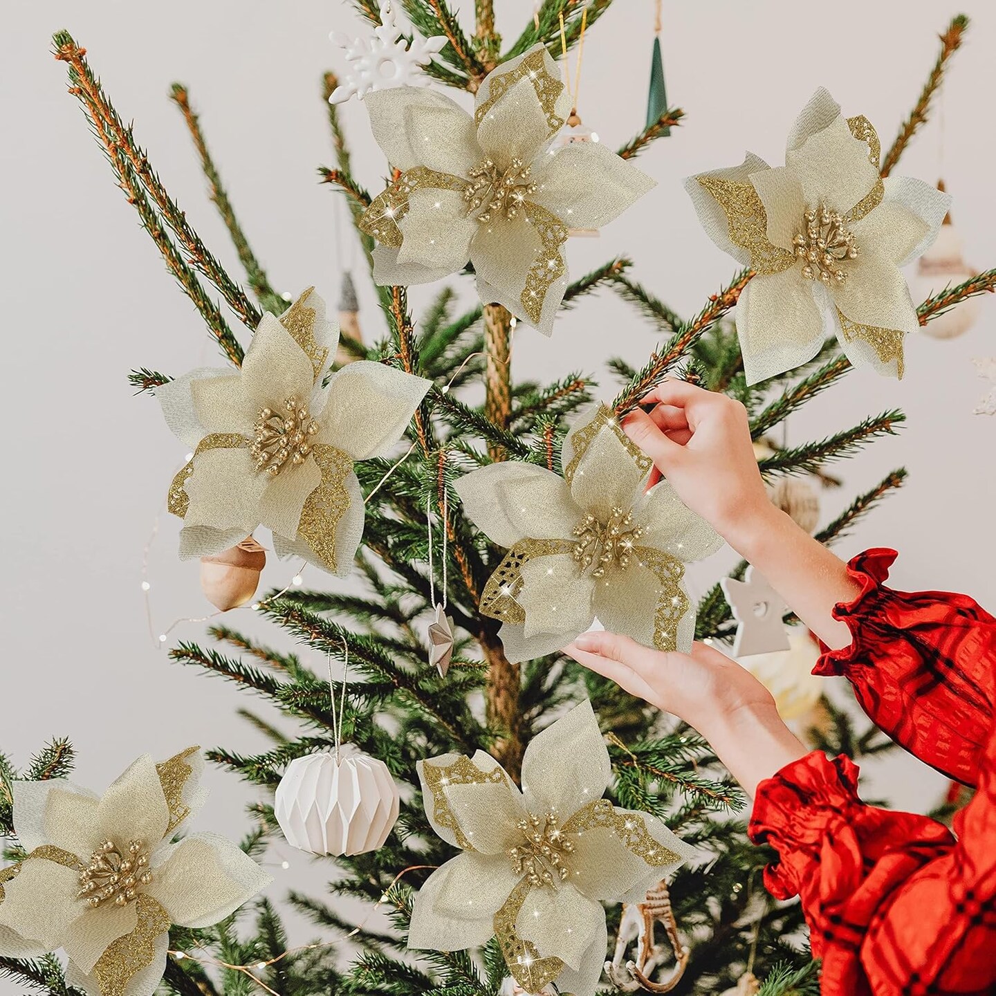 12 PCS Poinsettia Flower Artificial Poinsettia Christmas Decoration 5.9&#x27;&#x27; Gold Glitter