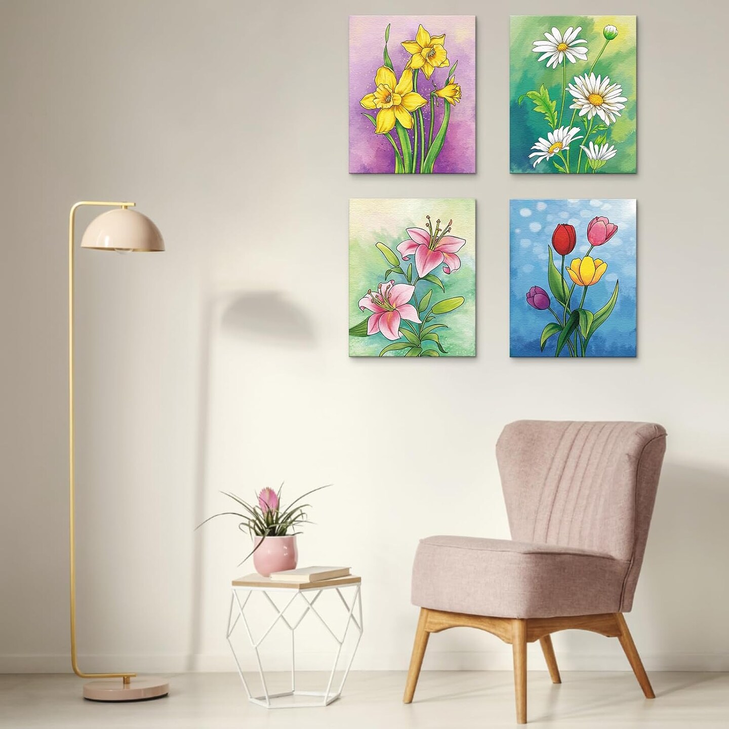 4 Pack Sip and Paint Kit, Pre Drawn Canvas for Painting for Adults Kids Pre Printed Canvas to Paint Party Supplies Girls Night Games Date Night Art Set Flower Theme 8x10 in