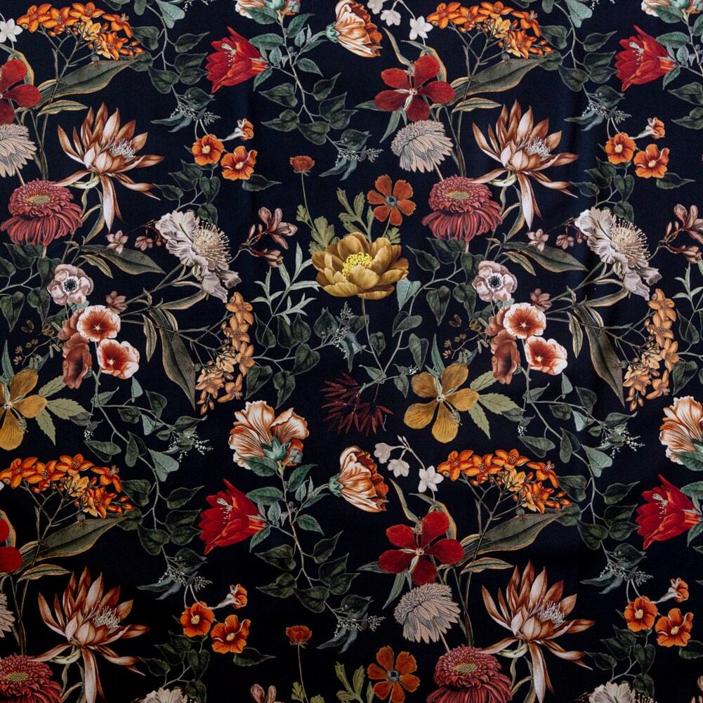 1 Yard Black Floral Garden of Earthly Delights Stretch Cotton Sateen Fabric