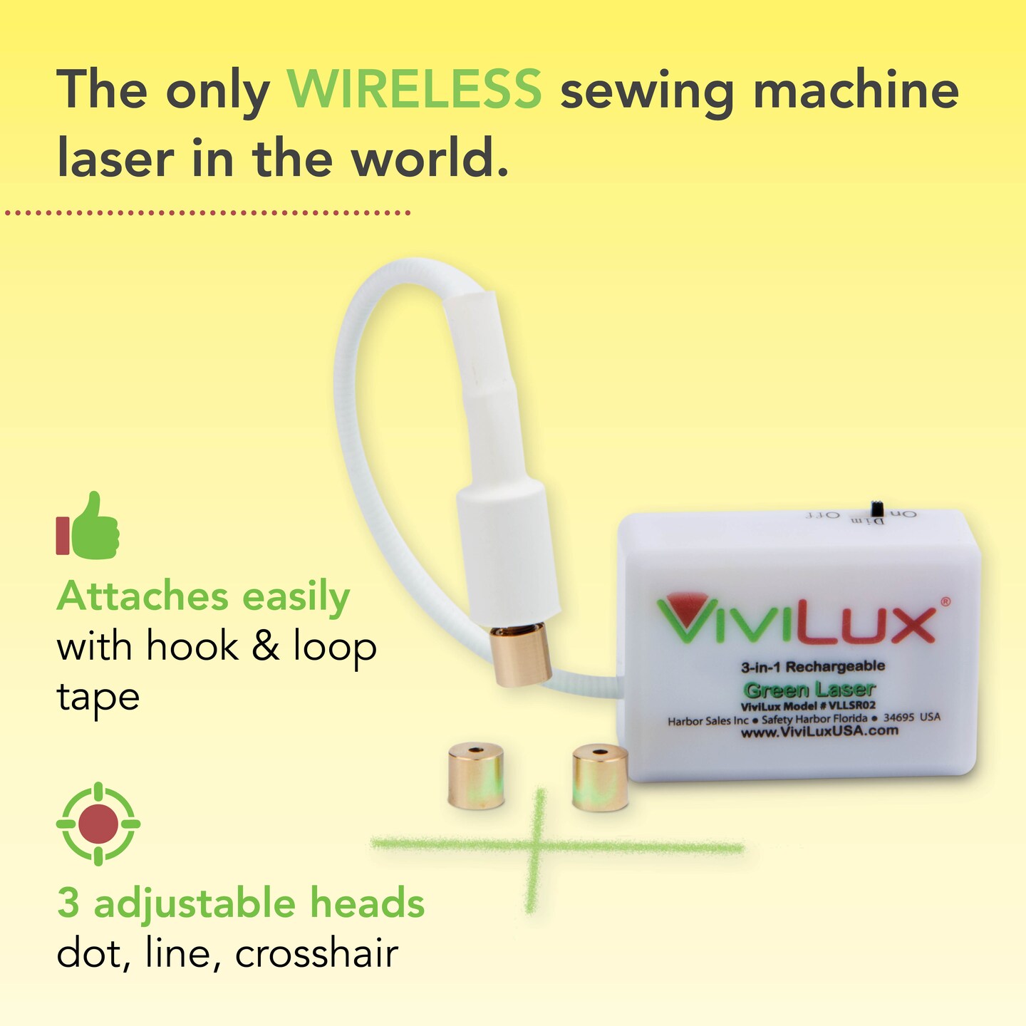 ViviLux 3-in-1 Rechargeable Green Laser System for Sewing & Quilting – Adjustable Line, Crosshair, and Dot Laser Heads, Hook and Loop Tape Mount
