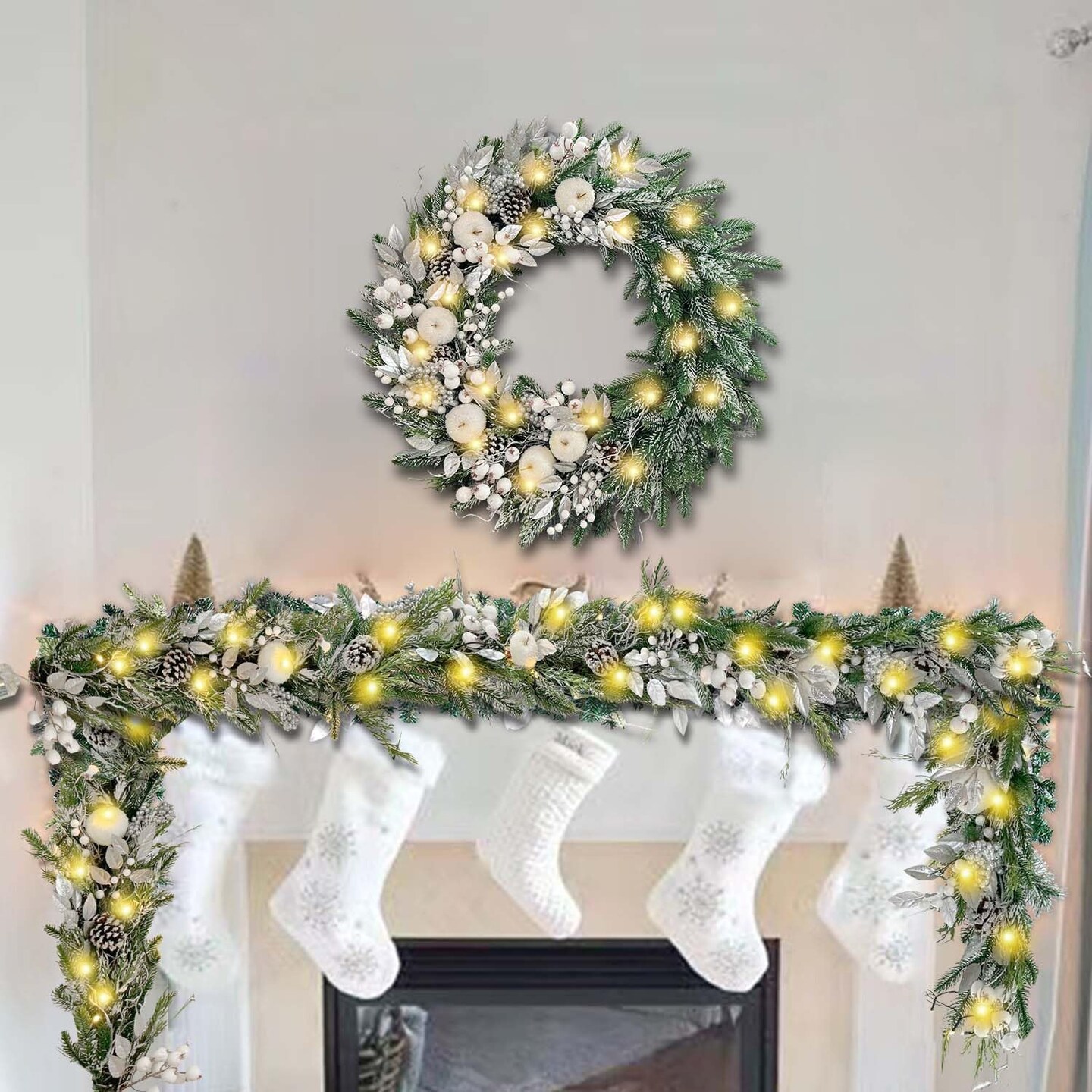 Pre-Lit 9 ft/108 Inch Christmas Garland with 50 Led Lights(05-sliver White)