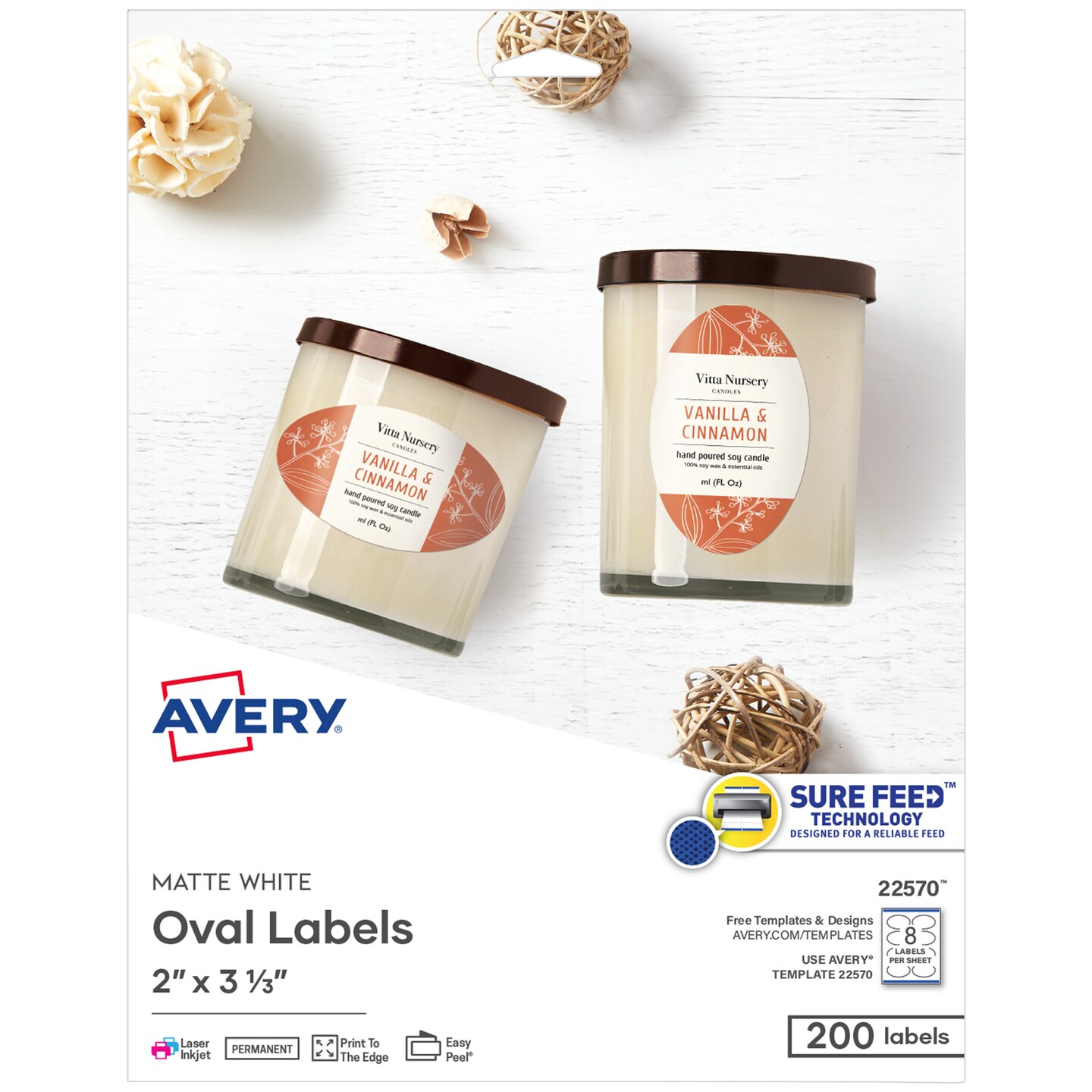 Avery Printable Blank Oval Labels, 2" x 3-1/3", Matte White, 200 Customizable Labels (22570)