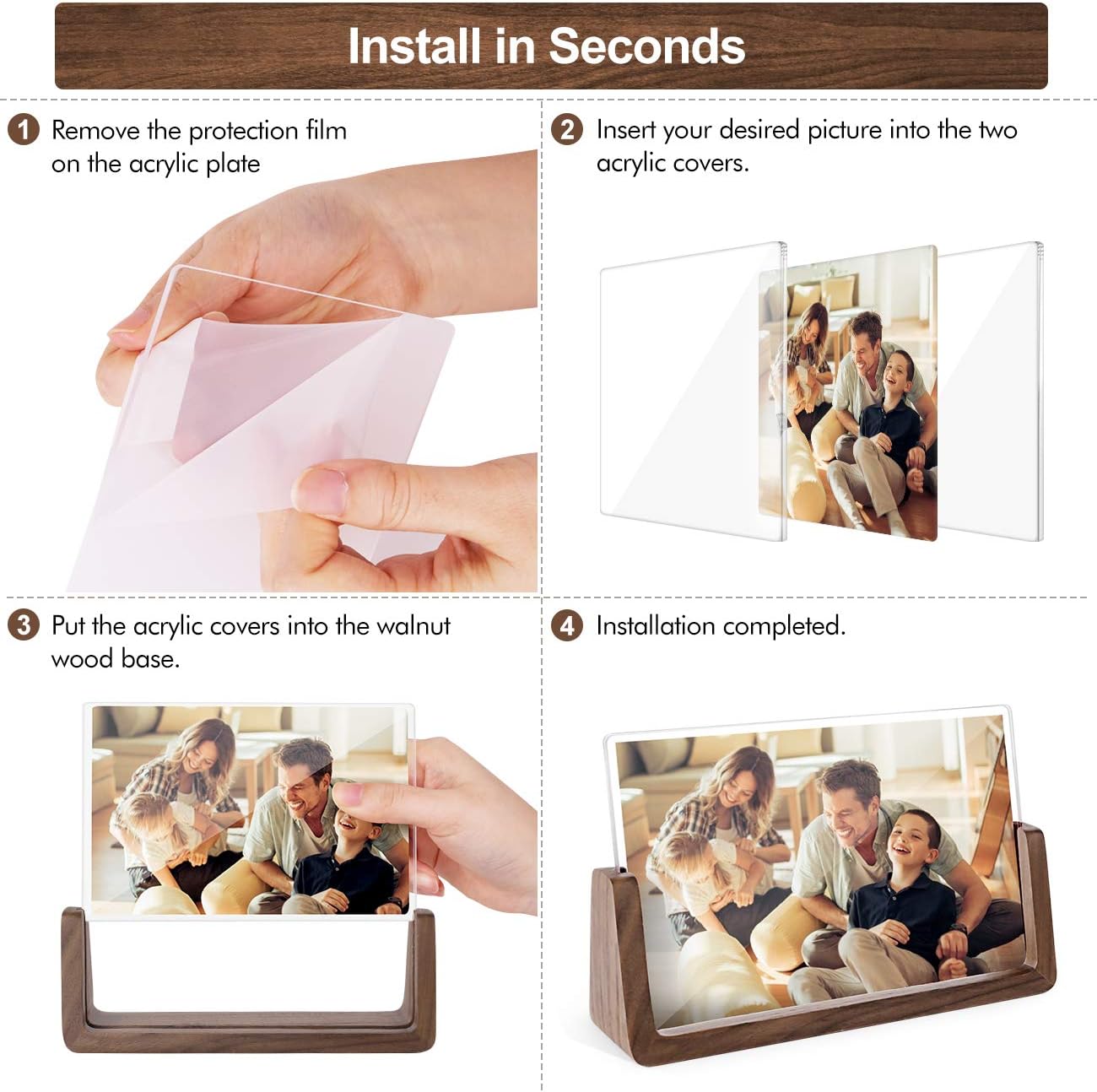 2 Pack 5x7 Inch Rustic Wooden Photo Frames with Walnut Base and Acrylic Glass (Horizontal + Vertical)