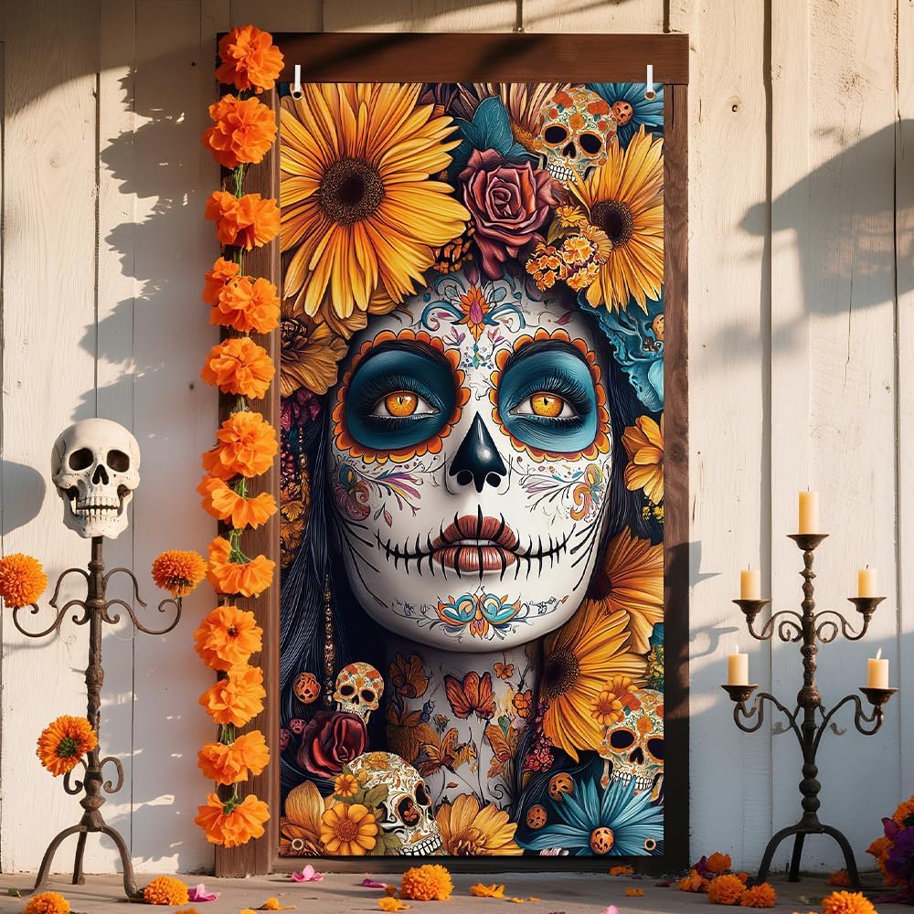 Day of The Dead Door Cover Dia De Los Muertos Backdrop (Gothic) 70&#x22;L x 35&#x22;W