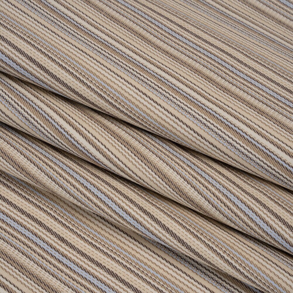 1 Yard Tan Light Blue and Dark Brown Barcode Stripes Stretch Cotton Twill 56 inch Width