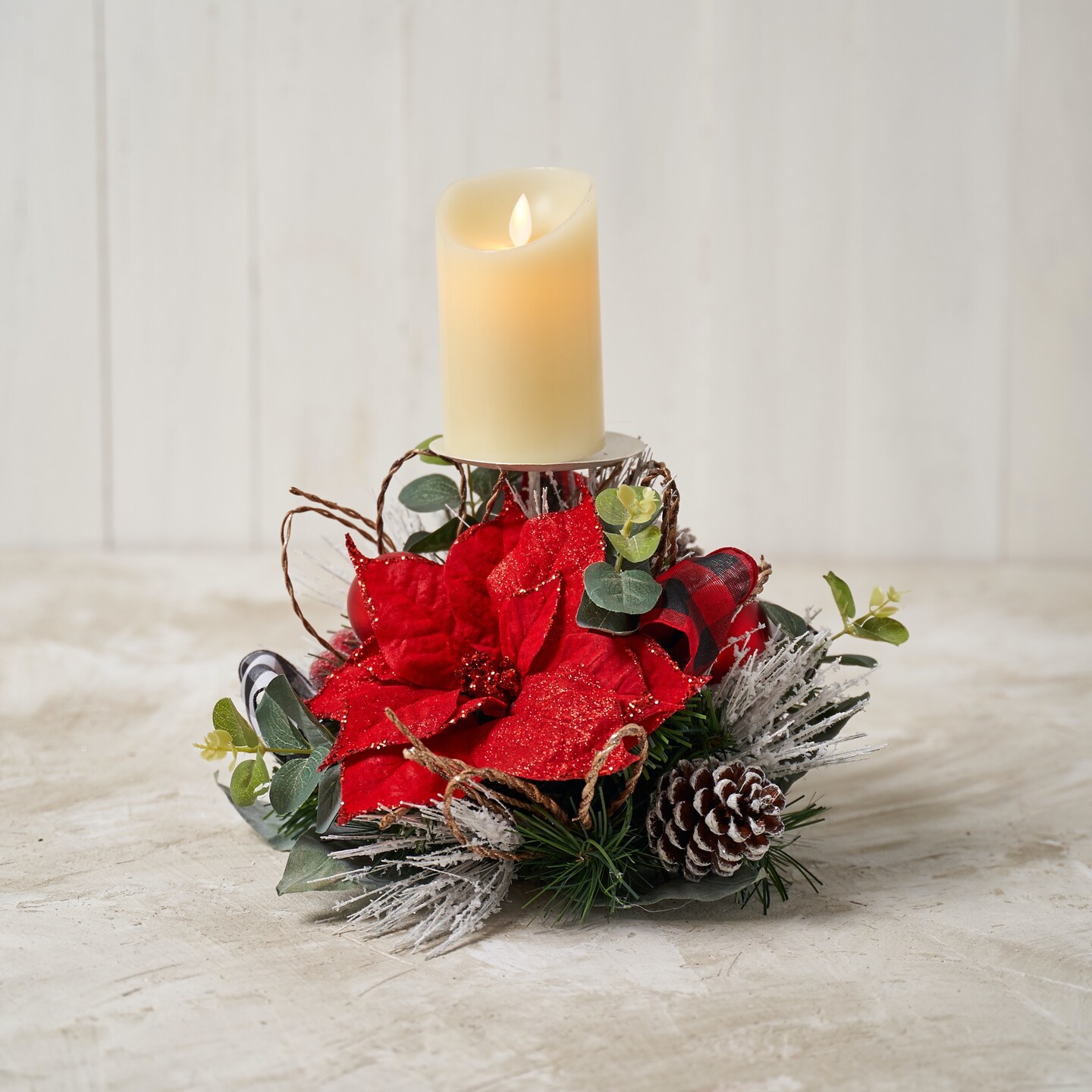 Red Poinsettia Single Spike Candle Holder with Red/ White Buffalo Check Ribbon - Holiday Tree