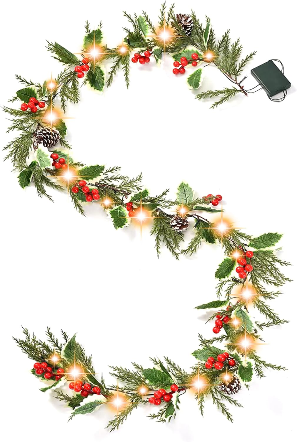 9FT Artificial Pre-Lit Christmas Holly Berry Garland with Timer (Polyethylene PE)