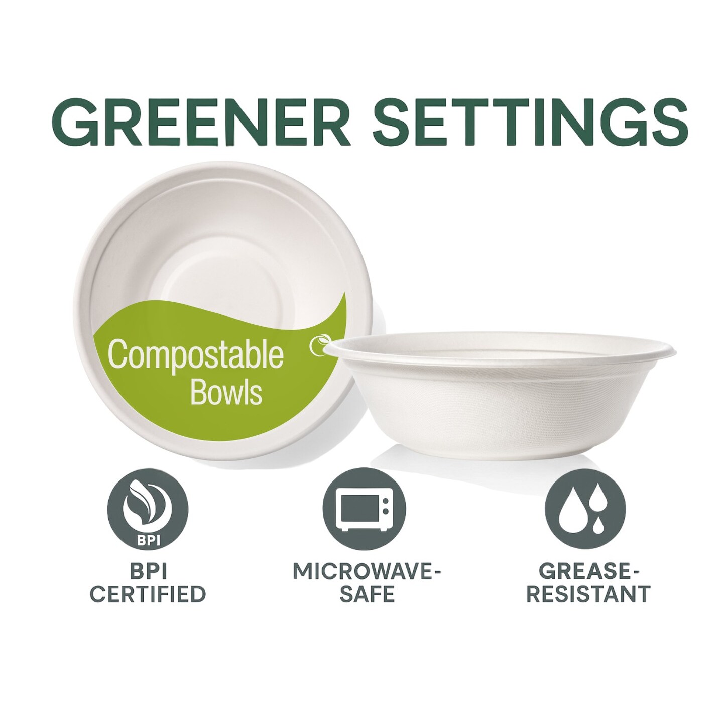 Greener Settings 32 oz Compostable Paper Bowls, 50-Pack – Heavy-Duty Bagasse, Biodegradable, Microwavable, Freezer Safe, Leak-Resistant, Eco-Friendly for Hot and Cold Foods