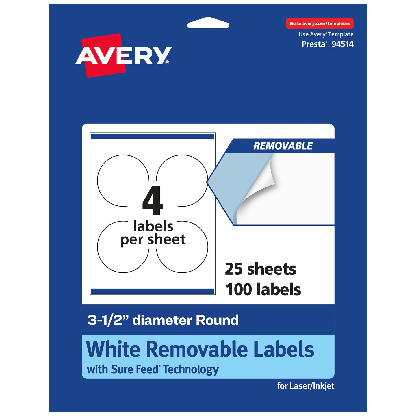 Avery Matte White Removable Round Labels with Sure Feed Technology, Print-to-the-Edge, 3.5" diameter