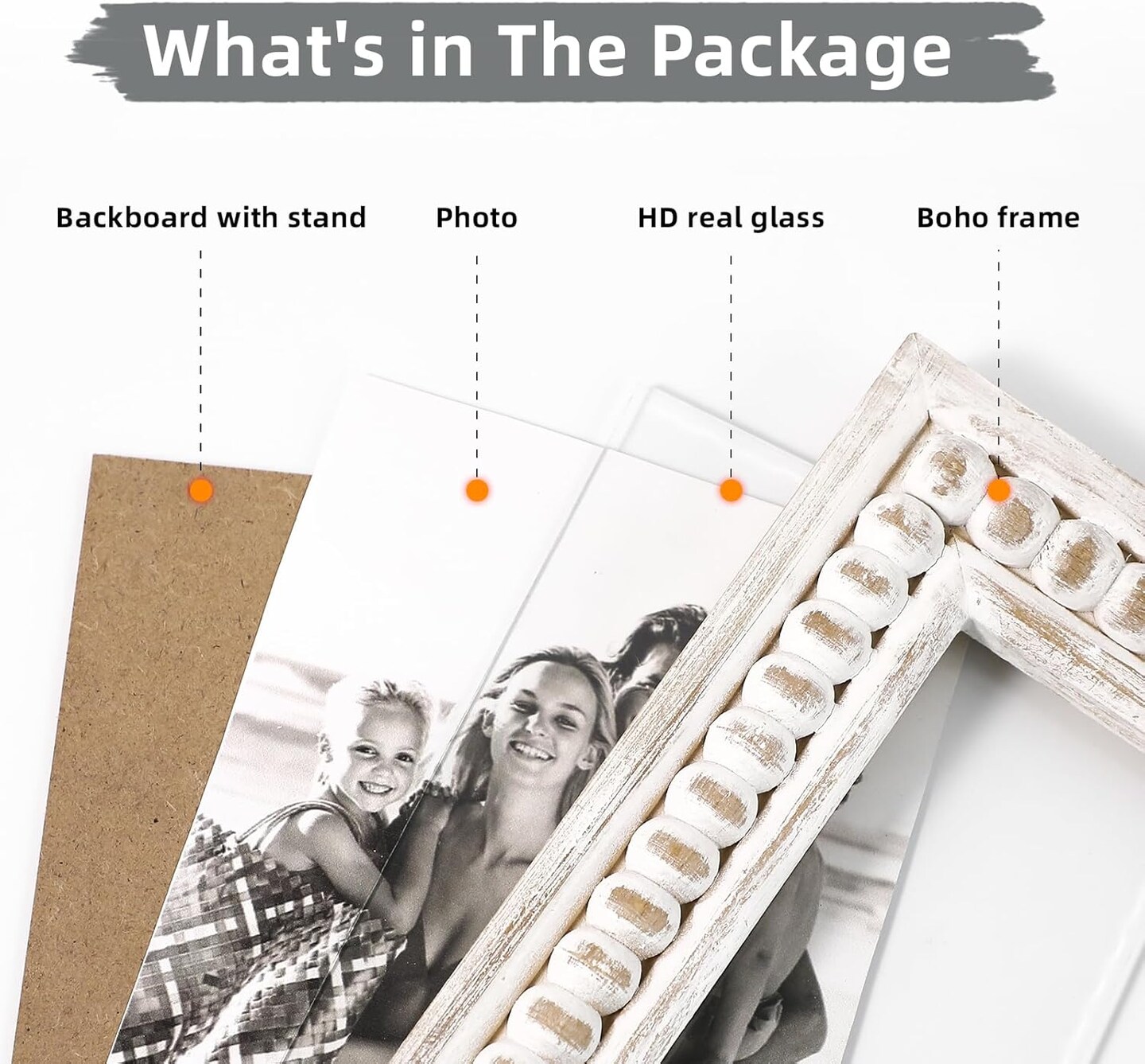 Whitewashed Wooden 5x7 Picture Frame with Beaded Design &#x2013; Rustic and Boho Style