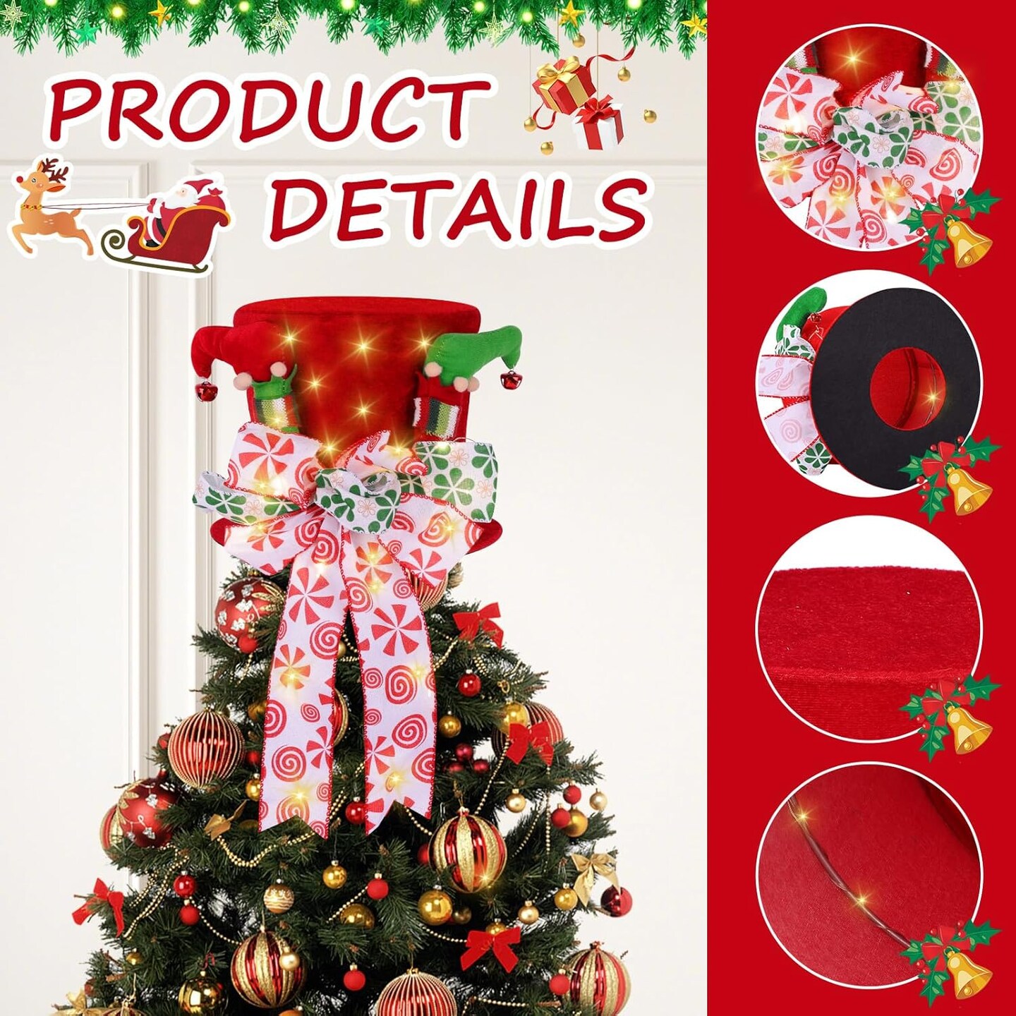 Lighted Christmas Tree Topper Red Velvet Hat with Bow and Elf Legs