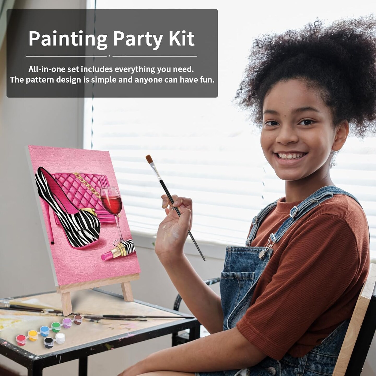 Paint 1 Easel, 8 Acrylic Colors,3 Brush,1 Pallet Girl High Heel Glass Bag Lipstick Art Set(8x10)