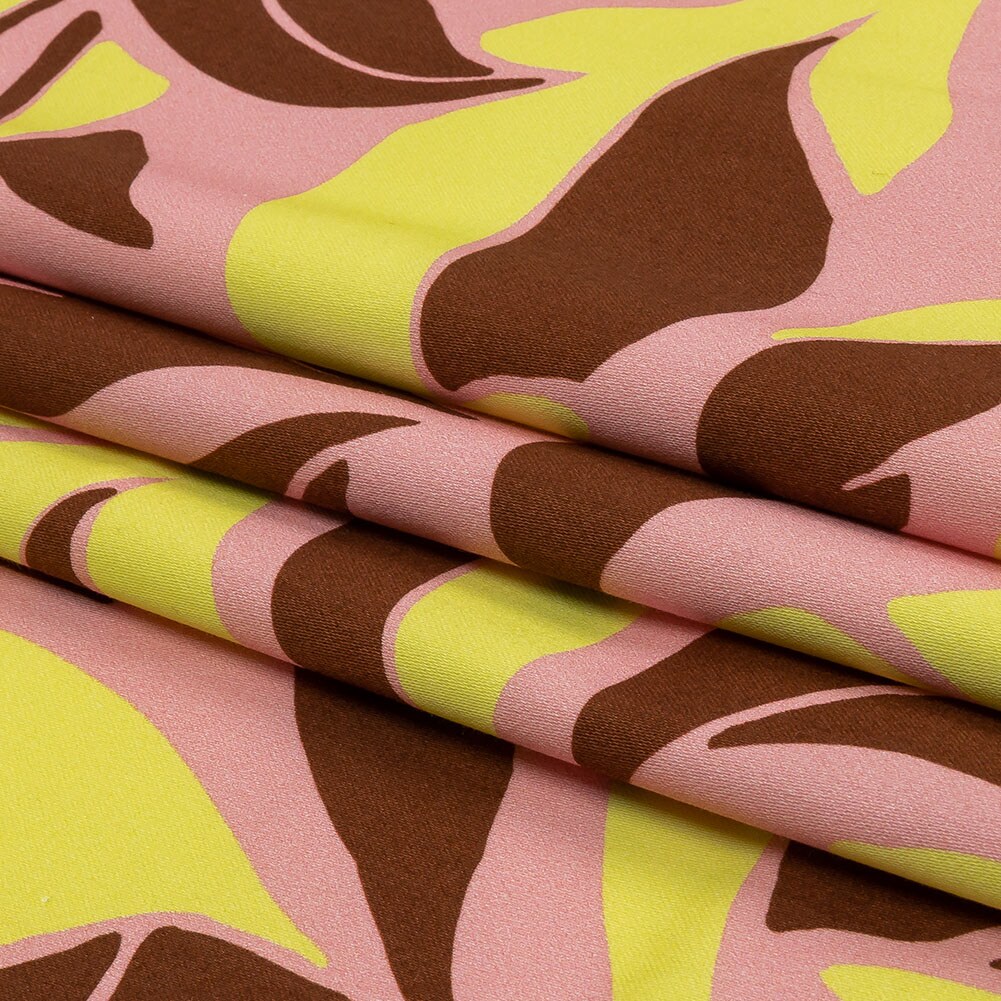1 Yard Stretch Cotton Sateen Pink and Yellow Leaves Flying Swirls Print Fabric