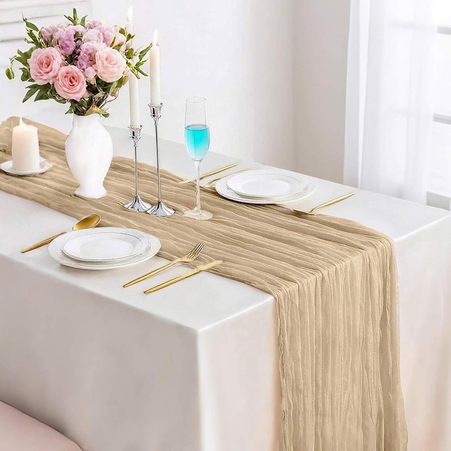 13.3FT Long Sand Cheesecloth Table Runner Boho Table Runner Transparent Rustic(Sand)160"L x 35"W