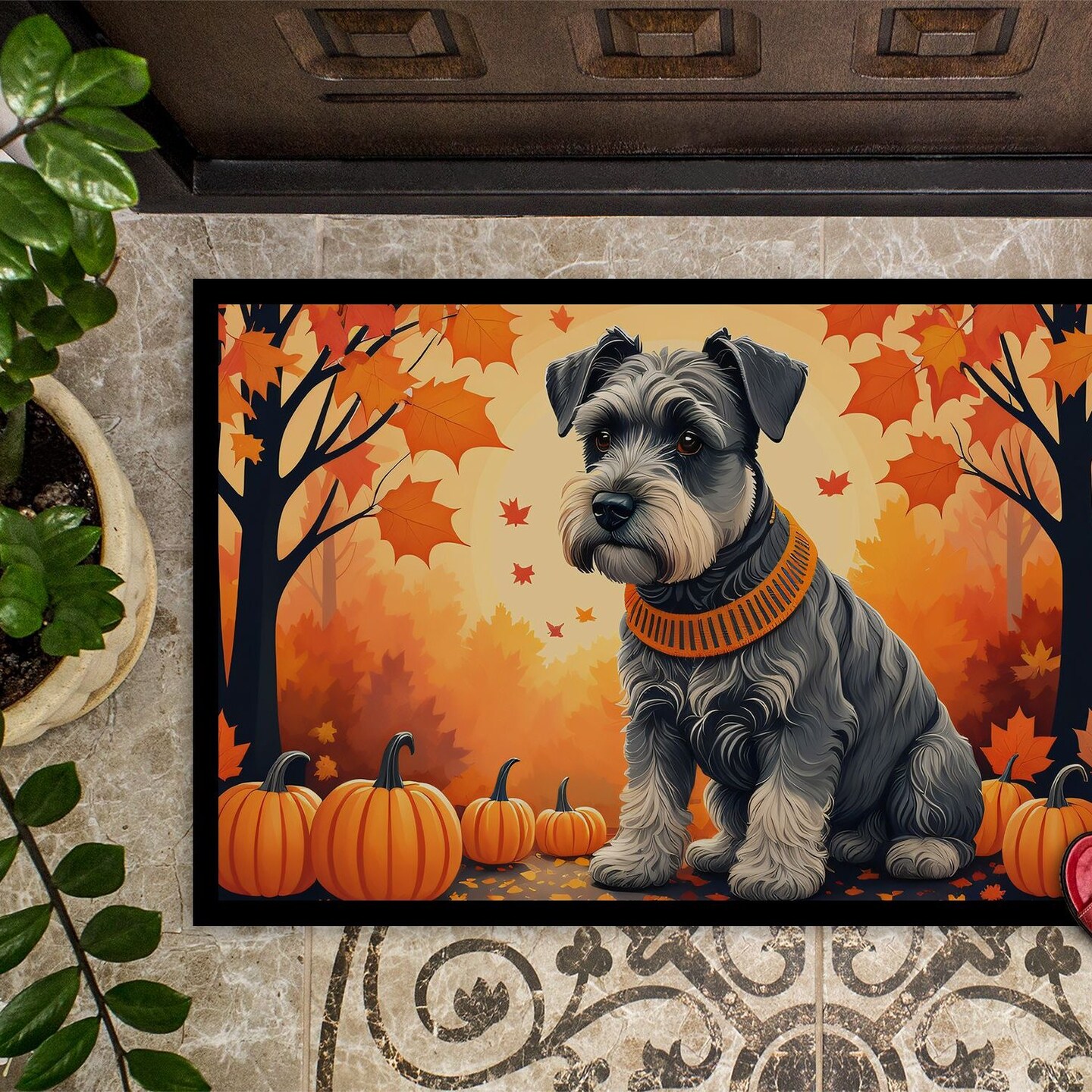 Edge Collections - 18&#x22; x 27&#x22; - Multicolor - Schnauzer Fall Doormat Indoor Outdoor Rug Non Slip Washable Low Pile - 1 Piece