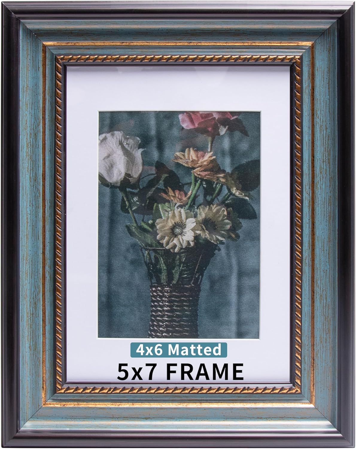 5x7 Picture Photo Frame 1 Pack Antique with Matted for 4X6 Peacock Blue Color Plastic
