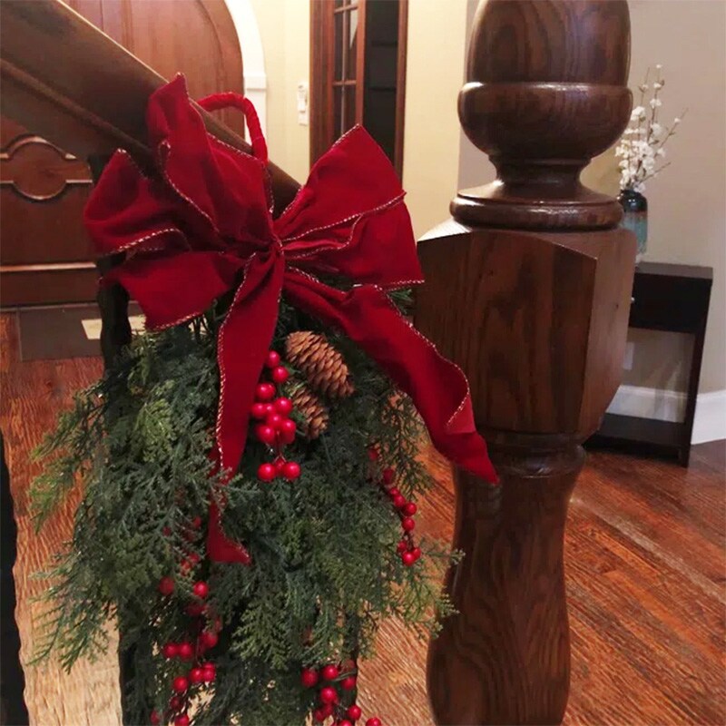 Haute Decor 20 Inch Pre-lit Classic Christmas Chairback Swag with Built-in Timer Artificial Berries, 15 Soft White Lights, and Real Pinecones
