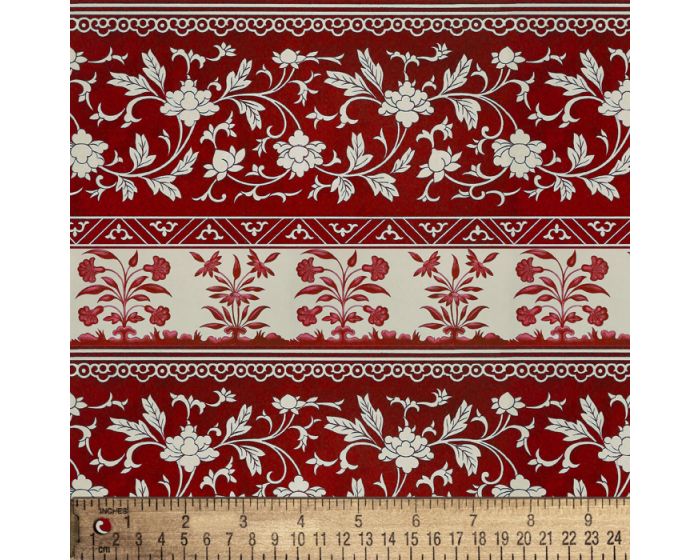 Floral Motif Stripe Red Cotton Fabric | By the Yard | Sewing and Crafting | 44 inches wide