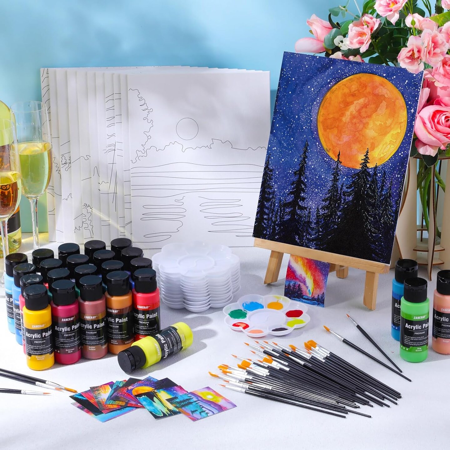 12 Set Paint and Sip Kit for Adults 8"x 10" Pre Drawn Canvas24 Colors(60ml, 2oz)(multicolor)