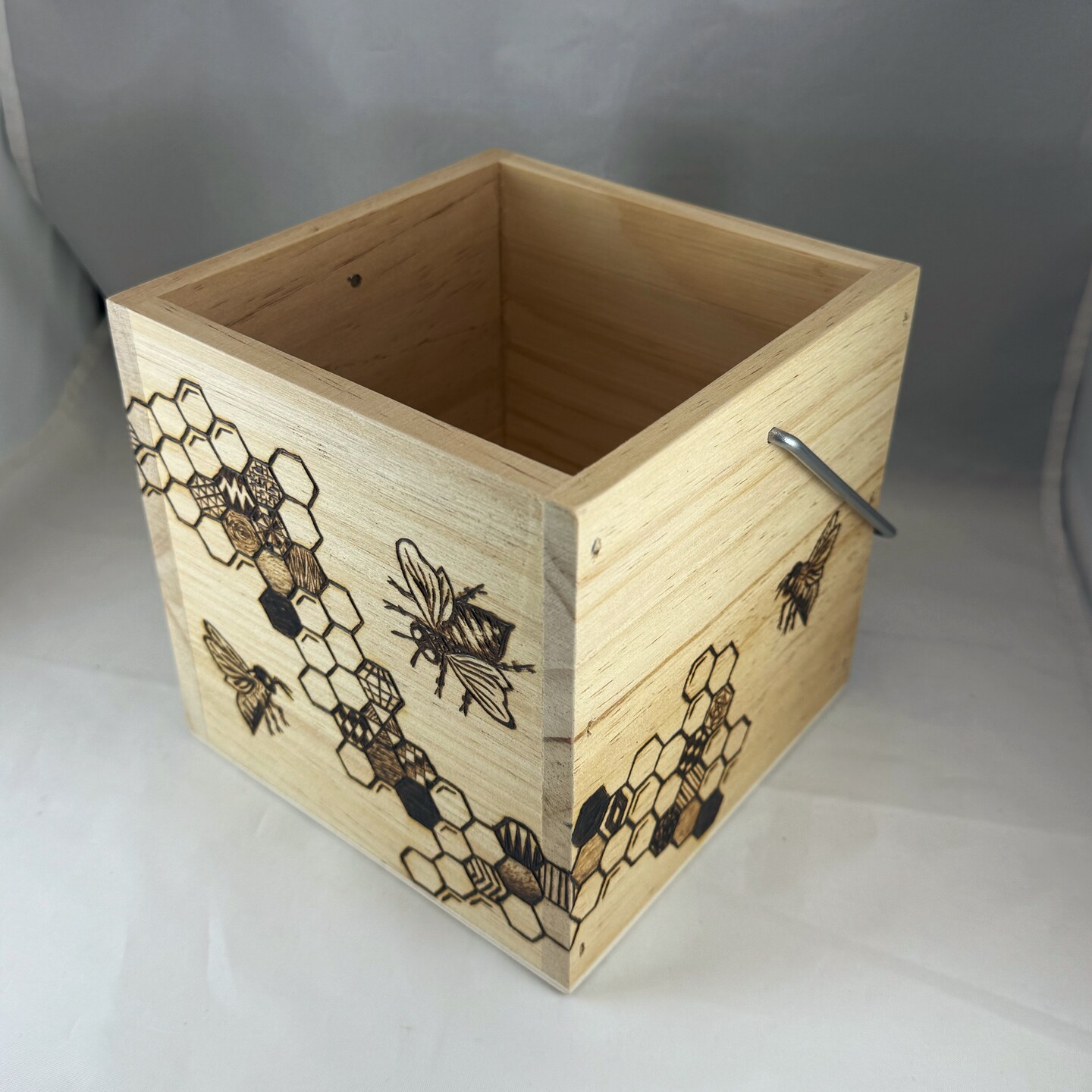 Honeybee Honeycomb Hexagons Square Wood Box w Handle, Pyrography