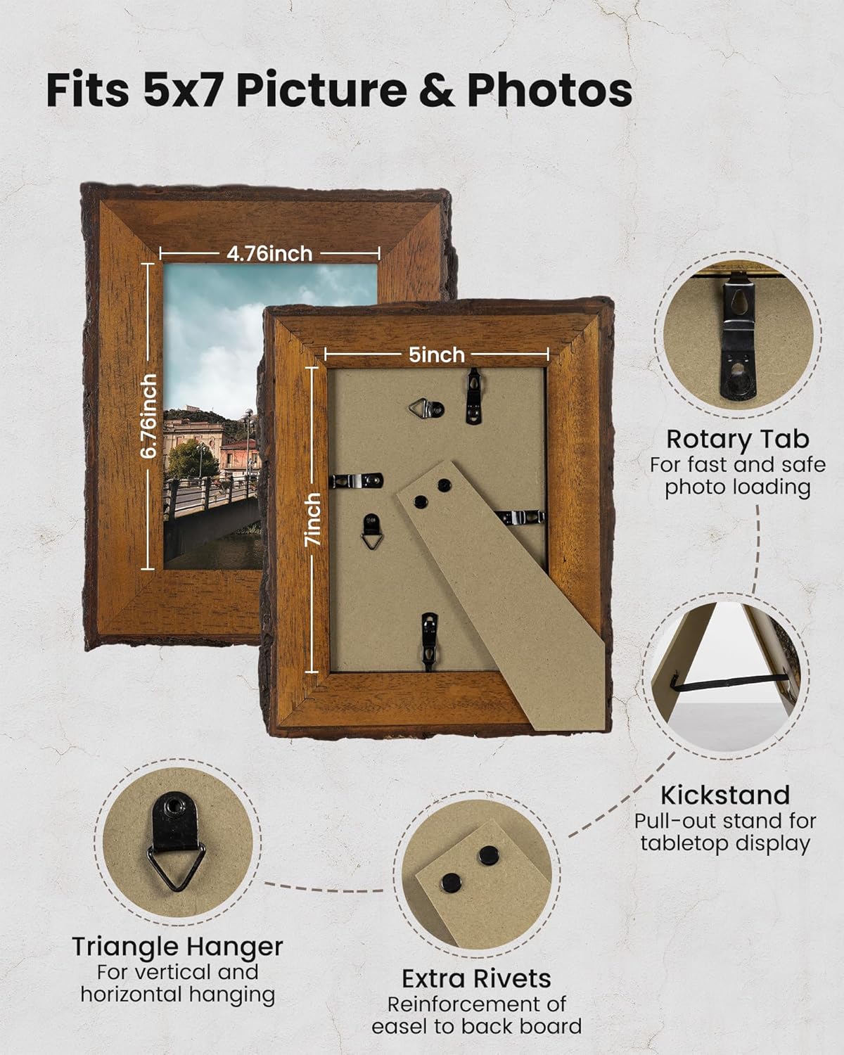 Rustic 5x7 Picture Frame|Natural Solid Wood 5 x 7 Photo Frame with Live Bark Edges|Tempered Glass